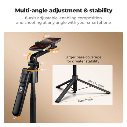 K&F CONCEPT up to 71" Face Tracking Tripod Selfie Stick| 360° Rotation + Bluetooth Remote + Stand| 2 Fill Lights (Optional)| Black/White Textured (White Same as Black), for Travel/Live Streaming/Vloggers