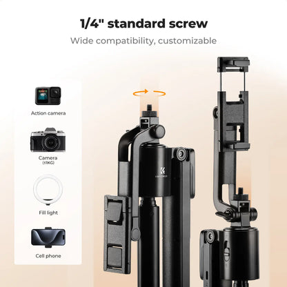 K&F CONCEPT up to 71" Face Tracking Tripod Selfie Stick| 360° Rotation + Bluetooth Remote + Stand| 2 Fill Lights (Optional)| Black/White Textured (White Same as Black), for Travel/Live Streaming/Vloggers