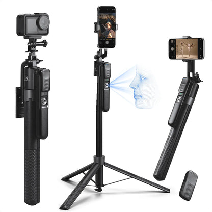 K&F CONCEPT up to 71" Face Tracking Tripod Selfie Stick| 360° Rotation + Bluetooth Remote + Stand| 2 Fill Lights (Optional)| Black/White Textured (White Same as Black), for Travel/Live Streaming/Vloggers