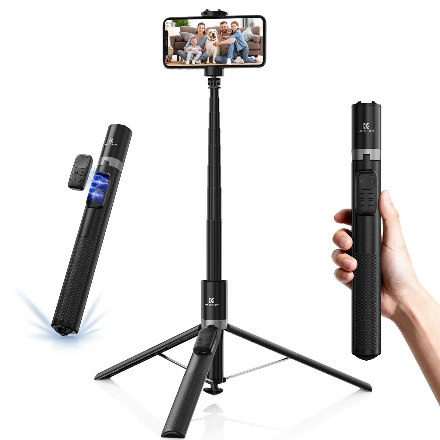 K&F CONCEPT up to 71" Face Tracking Tripod Selfie Stick| 360° Rotation + Bluetooth Remote + Stand| 2 Fill Lights (Optional)| Black/White Textured (White Same as Black), for Travel/Live Streaming/Vloggers