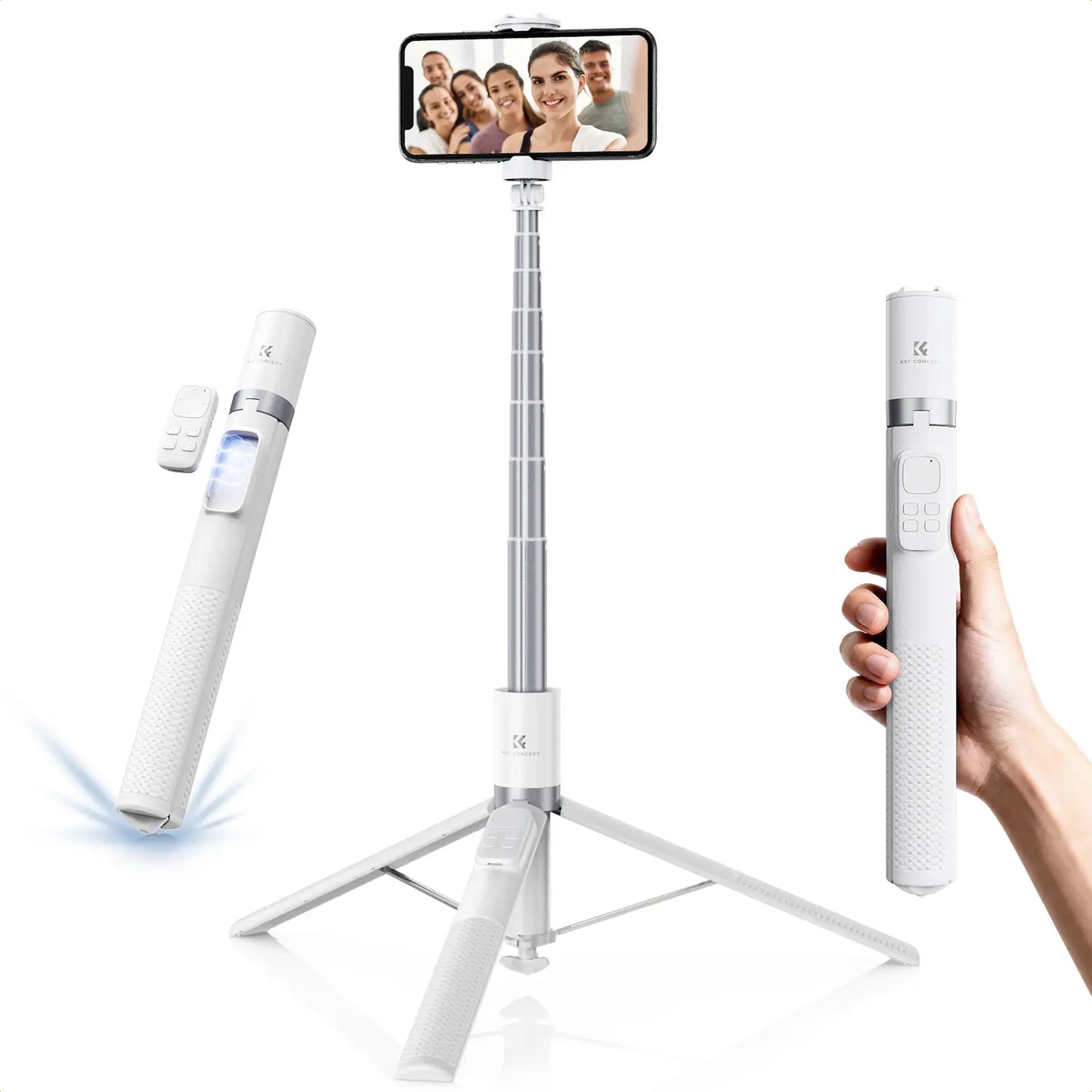 K&F CONCEPT up to 71" Face Tracking Tripod Selfie Stick| 360° Rotation + Bluetooth Remote + Stand| 2 Fill Lights (Optional)| Black/White Textured (White Same as Black), for Travel/Live Streaming/Vloggers